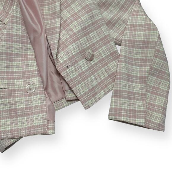 7 FOR ALL MANKIND Mauve Cropped Double Breasted Blazer Plaid Wide Notch Large - Picture 8 of 11